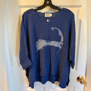 NWT "Beach Life" Cape Cod Map Blue Slouchy Knit Sweater, One Size S-L
